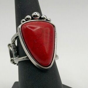 Silver‎ Tone Stretch Statement Ring Red Triangle Stone Adjustable Size 7.5-8.5